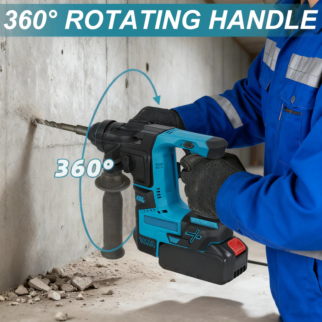 Podofo 1200W 2600RPM Brushless Rotary Hammer Drill 1.8J 360° Rotatable Cordless Electric Impact Hammer For Construction Home Wood Metal Drilling