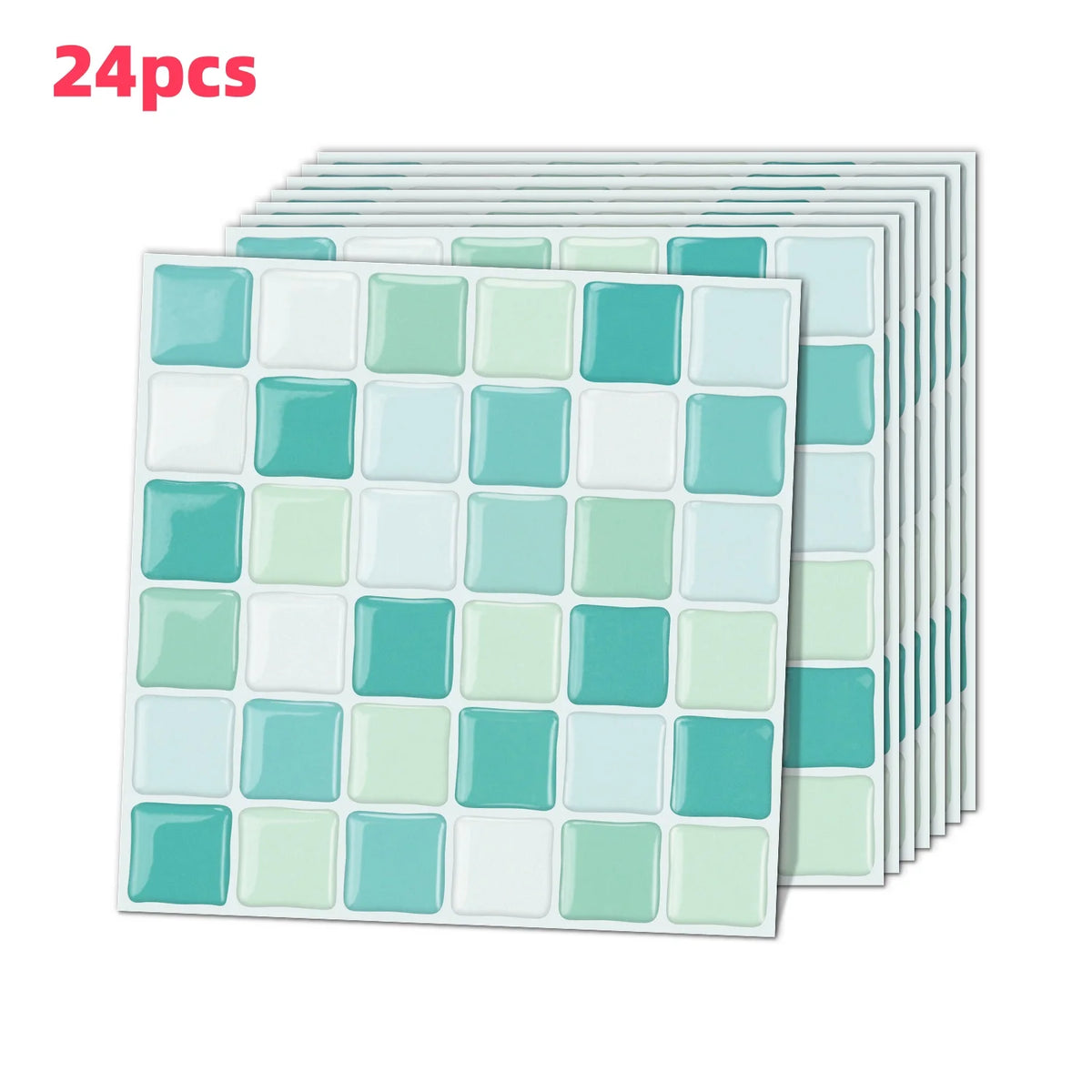Removable mosaic tile wall decal stickers, mint and white square tiles on backing sheet