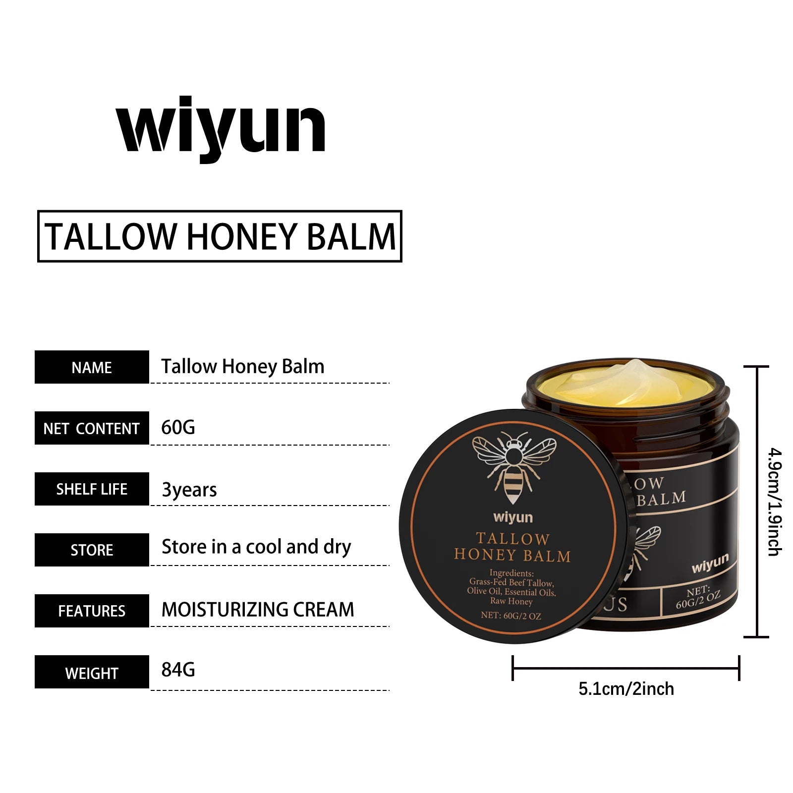 Wiyun Tallow Honey Balm Long Lasting Hydration Relieve Dry Rough Skin Soft Smooth Gentle Formula Beef Tallow Moisturizing Balm