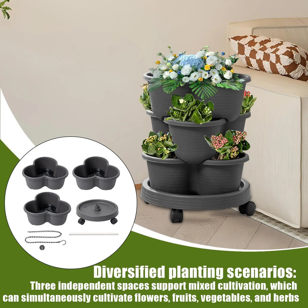 Dark grey stackable tiered planter tower with three pots and rolling wheels base.