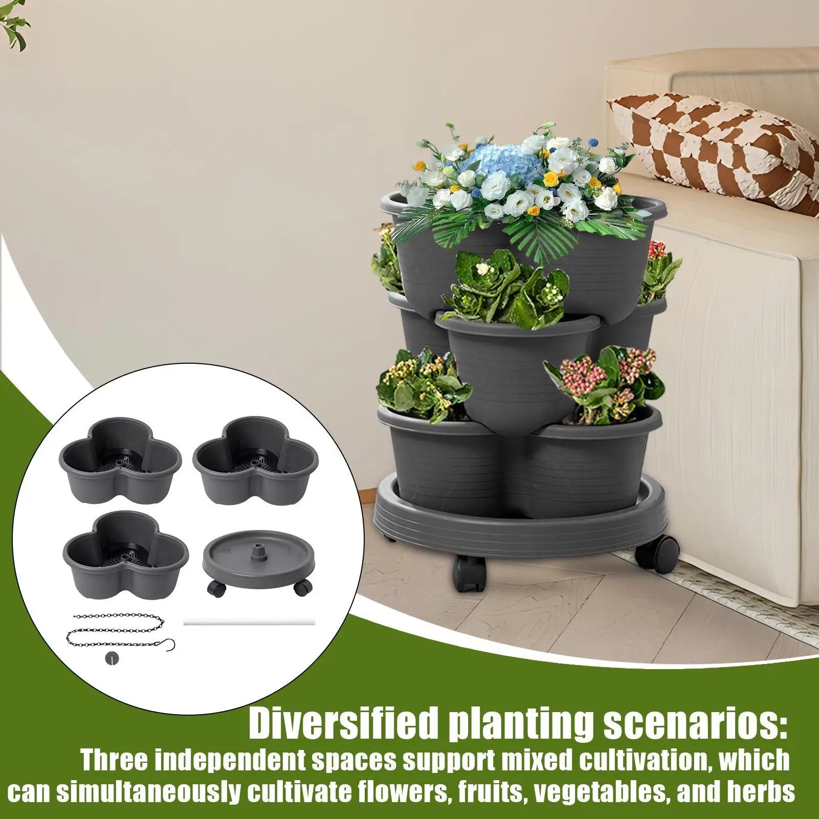 Dark grey stackable tiered planter tower with three pots and rolling wheels base.