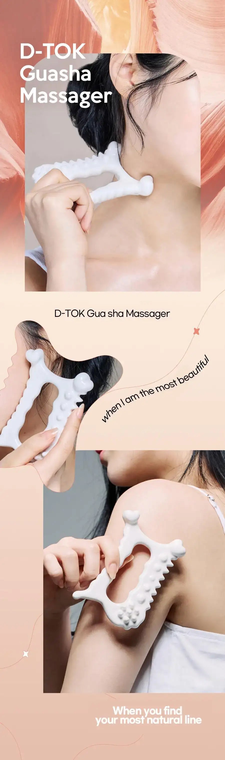 White ceramic D-TOK gua sha massage tool with a textured, multi-pointed ergonomic shape for face and body massage.