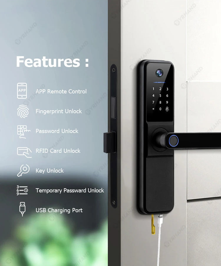 YRHAND Tuya Wifi fechadura eletronica digital Smart Door Lock With Biometric Camera Fingerprint Smart Card Password For home