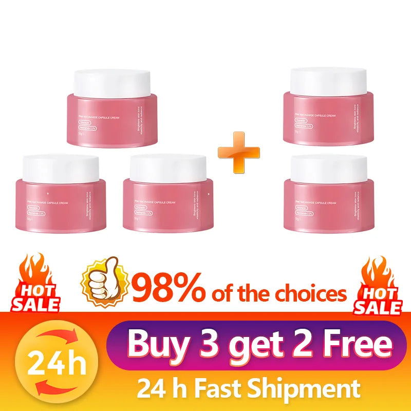 Five jars of pink face cream with white lids, arranged with "Buy 3 get 2 free" promotional text and hot sale badges.