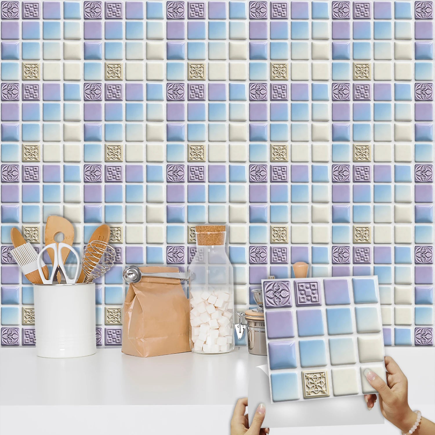 10pcs Flat Mosaic Tiles Sticker Set Kitchen Bathroom Wall Decals Gloss Waterproof Film 2D Surface Cover Transfers for Home Decor