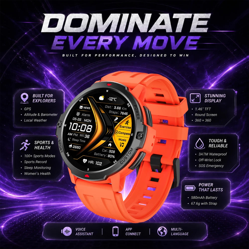 Orange GPS smartwatch with 1.46-inch display and silicone sport strap