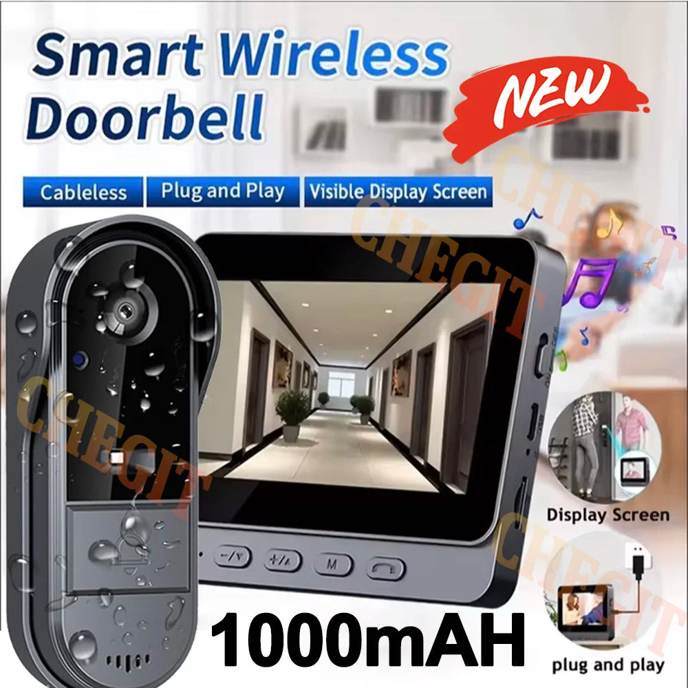 Wireless Wifi Doorbell Camera 1080P Video Intercom Doorbell Waterproof 4.3in IPS Screen Home Security Door Bell IR Night Vision