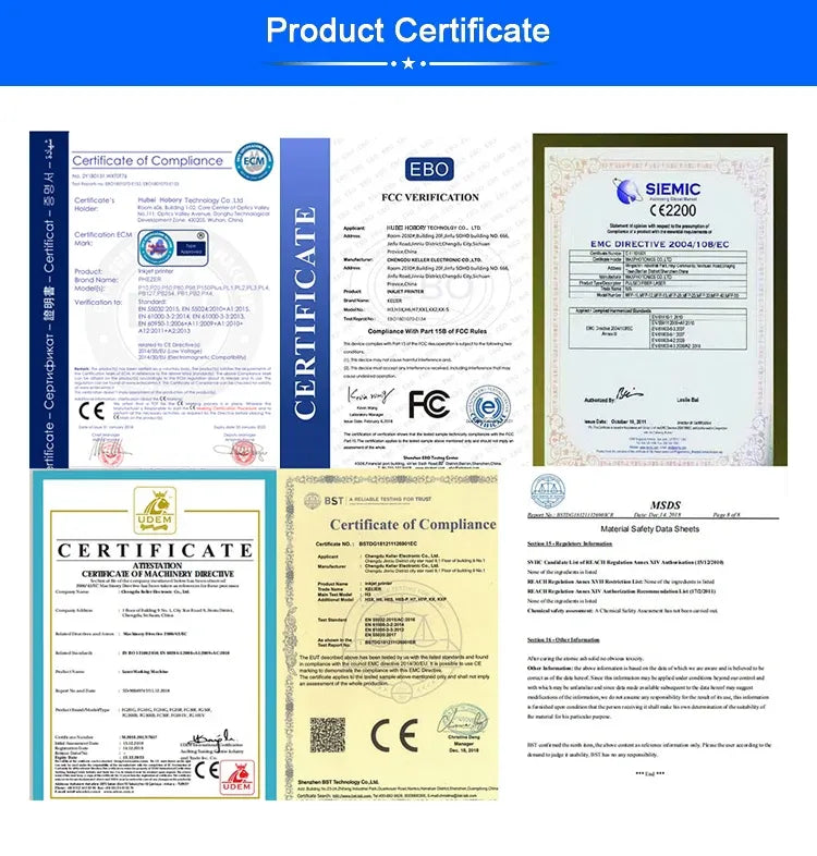 Set of product compliance certificates, test reports, and CE/FC labels