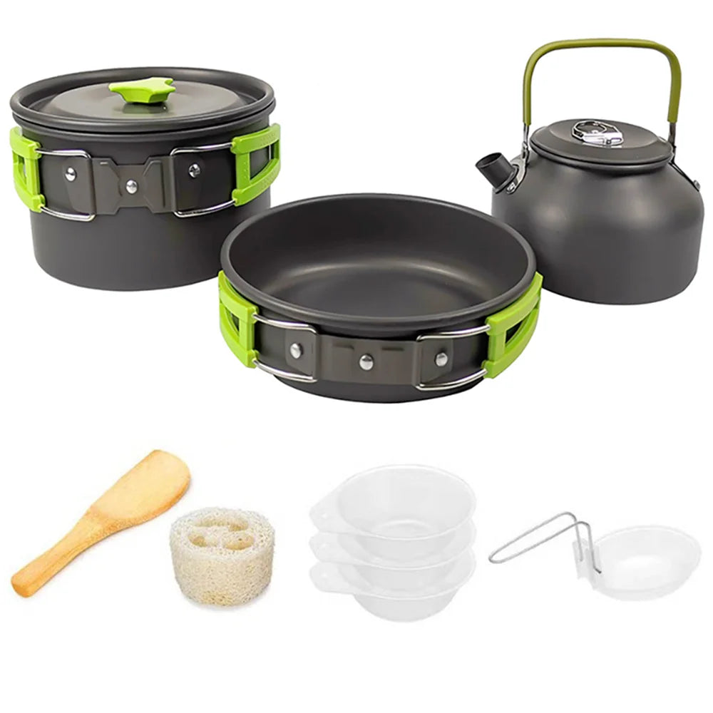 Aluminum alloy camping cookware set with kettle, nesting pots, utensils, and small bowls