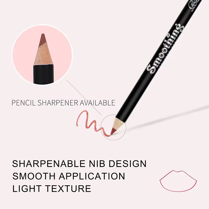 Black rod lip liner pencil with smooth, light texture and sharpenable tip for professional lip makeup application.