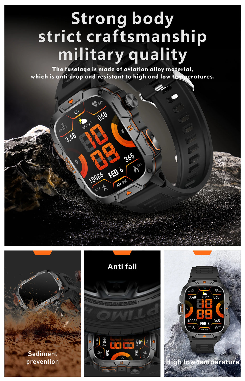 2026 New Military Grade Smart Watch Men 1.96" AMOLED Screen 5ATM Waterproof Sports Fitness Tracker BT Call Smartwatch