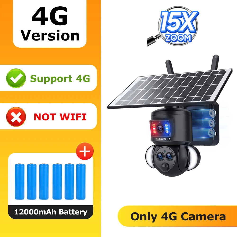 Outdoor solar PTZ security camera with dual-lens module, black housing and solar panel