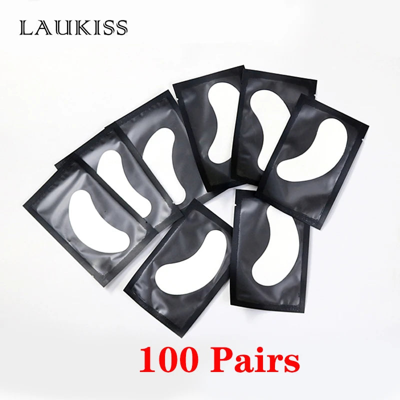 Lint-free white gel eyelash extension under eye patches in individual black opaque packaging, 100 pairs set.