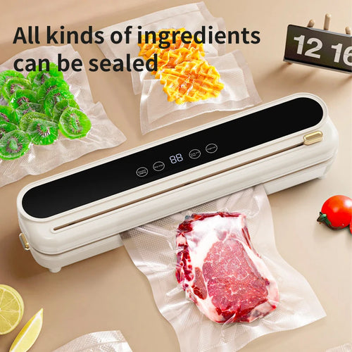 White electric vacuum sealer with black sealing bar and gold carry handle, compact kitchen machine