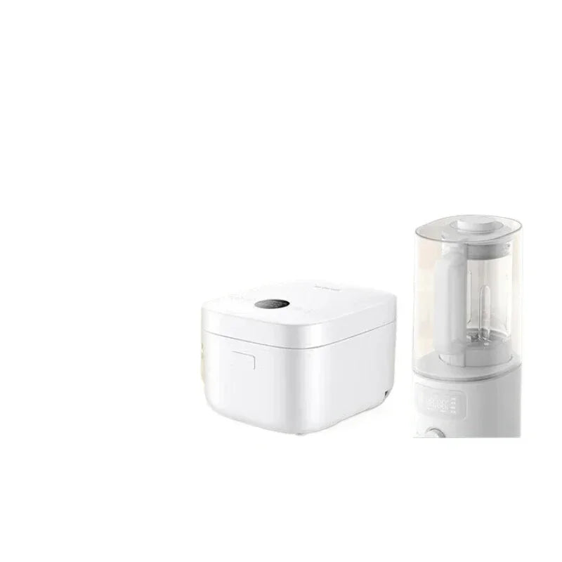 White compact electric rice cooker with top steam vent and clear lid