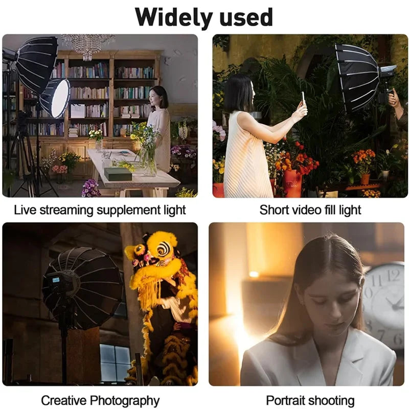 Black parabolic softbox for photography and video lighting, mounted on a stand for portrait and creative sessions.