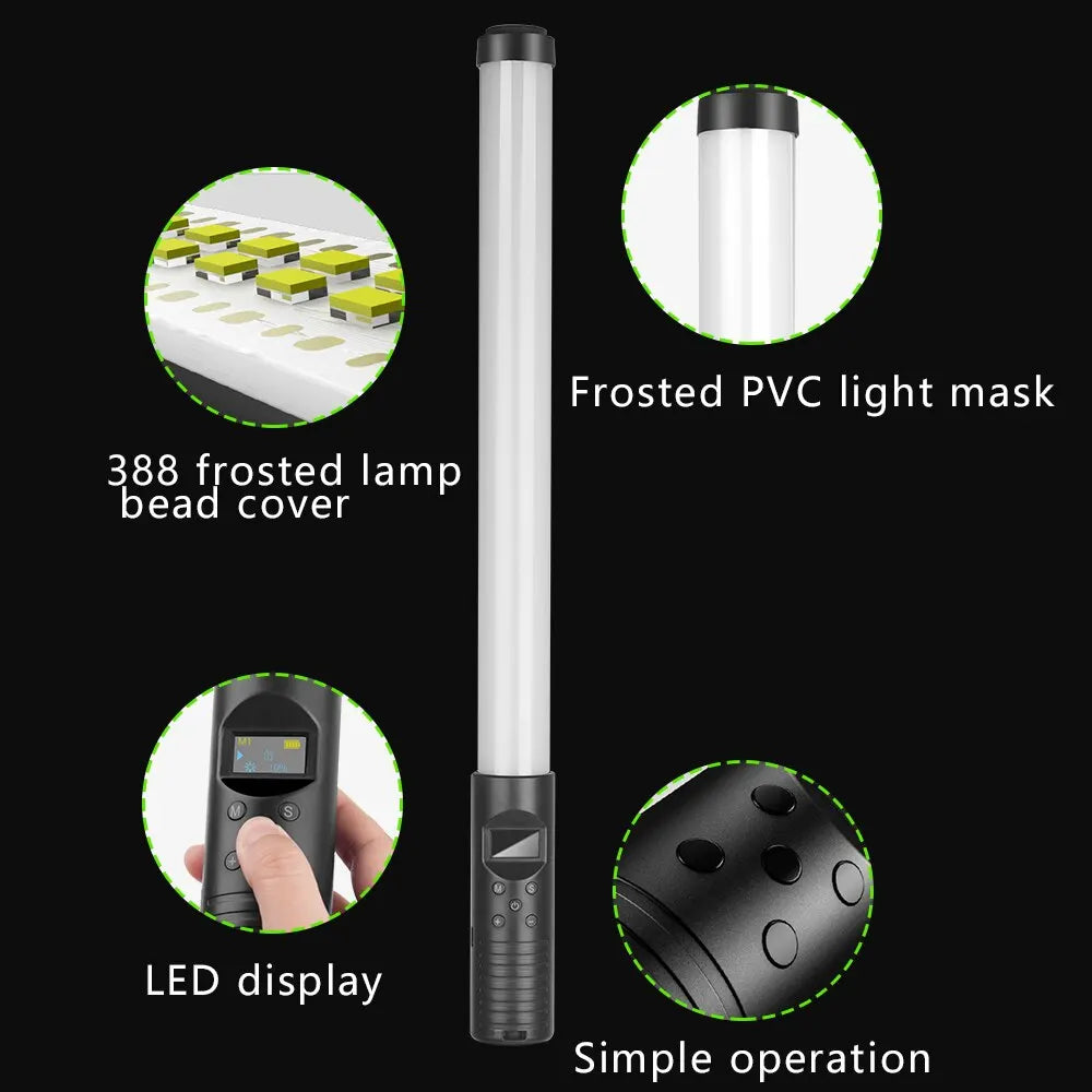 Handheld LED light wand with frosted PVC tube, control handle, LED display, and 388 lamp beads for photography.