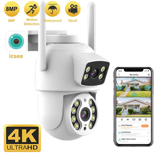 White PTZ dual-lens Wi‑Fi security camera with dual antennas and 4K Ultrahd badge