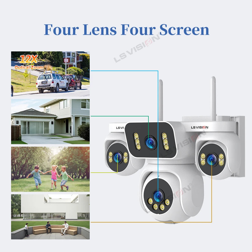 LS VISION 20MP Four Screens Solar Security Camera Outdoor 12X Zoom 4-Lens 4G Sim Ai Tracking Waterproof CCTV 24/7 Recording AOV