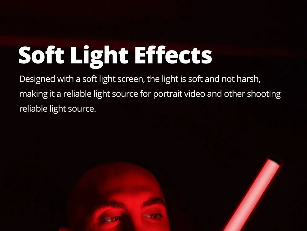 LED light wand with a soft diffuser, glowing red, used for portrait photography and video lighting.