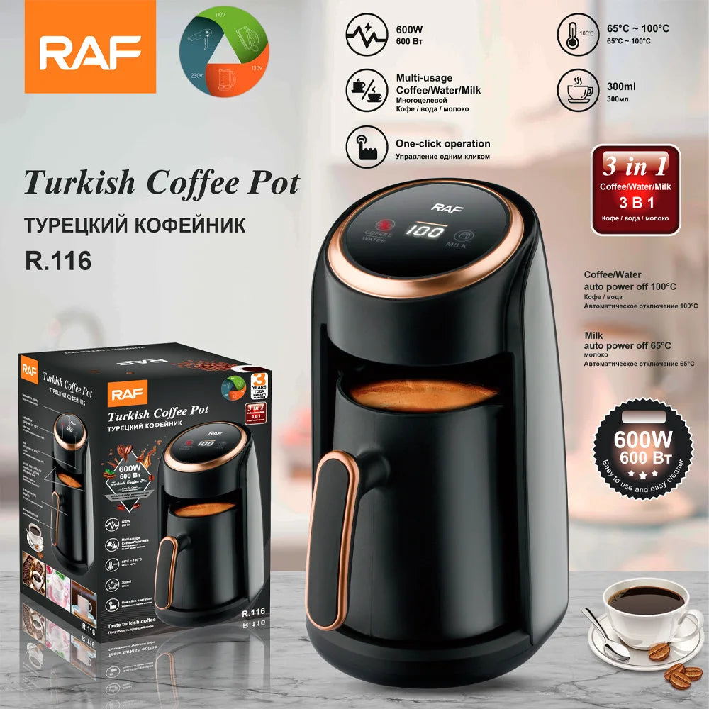 RAF 3-in-1 black and copper Turkish coffee pot, 300ml capacity, 600W electric maker with digital display.