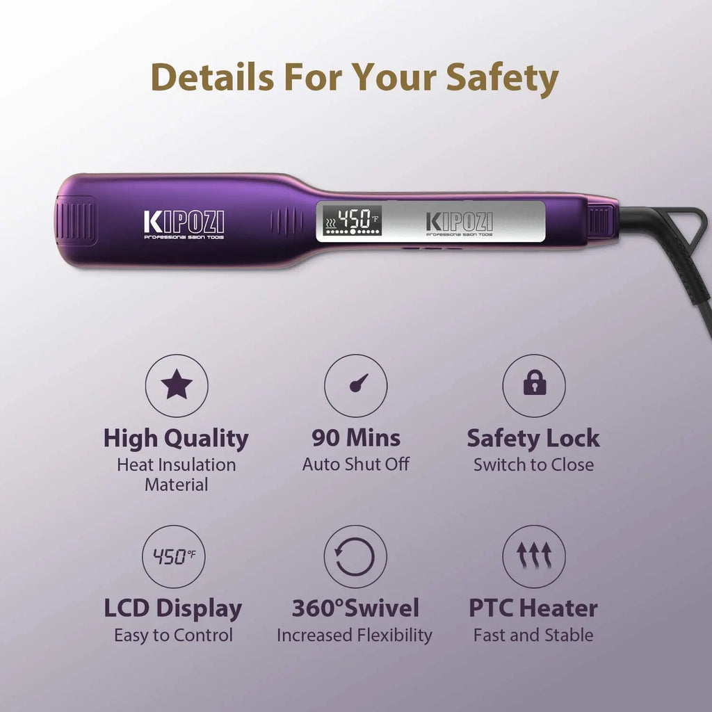 KIPOZI purple titanium flat iron with LCD display, safety lock, swivel cord, and auto shut-off for professional styling.