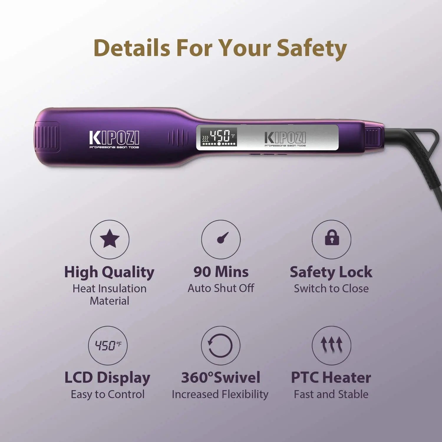 KIPOZI purple titanium flat iron with LCD display, safety lock, swivel cord, and auto shut-off for professional styling.