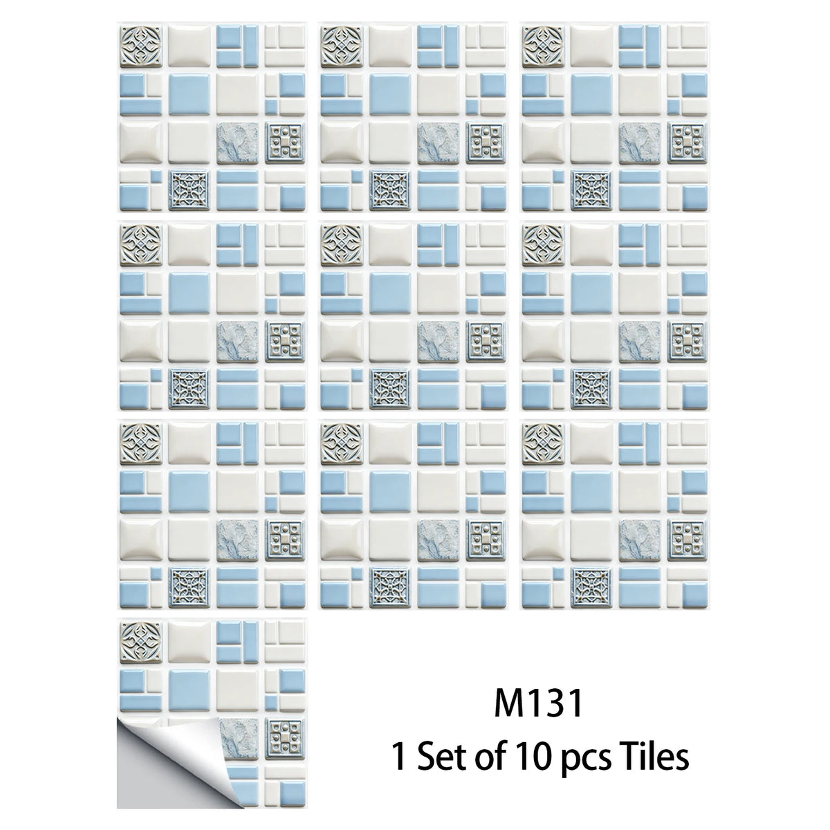 Mosaic tile wall decal set, white and light blue squares with embossed decorative inserts