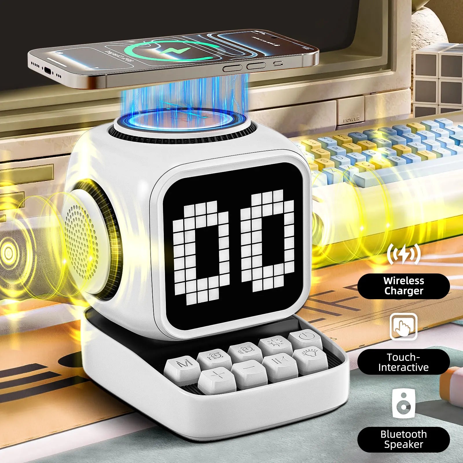 Portable Bluetooth Speaker with 15W Wireless Charger and LED Clock Tidesmit