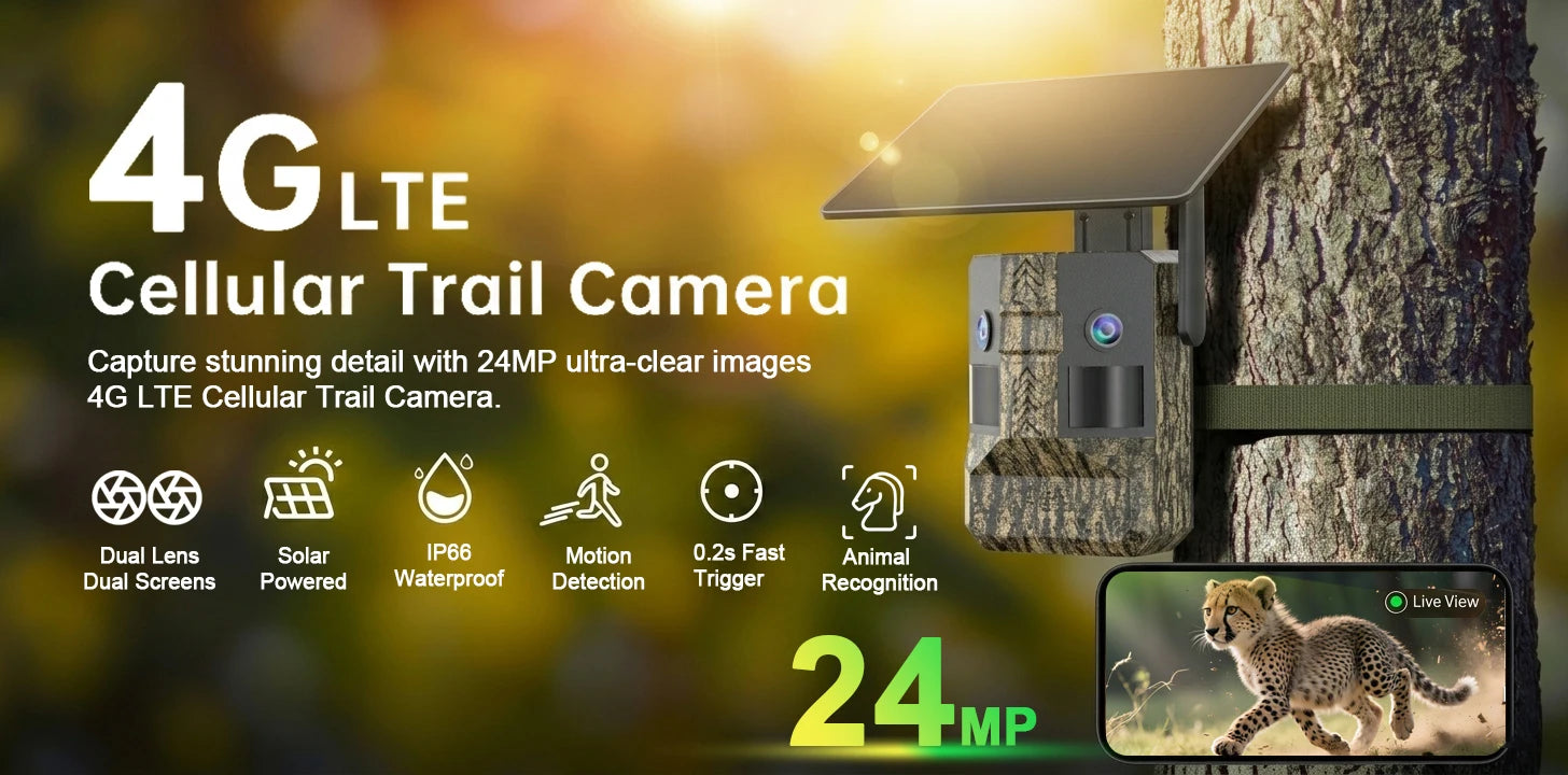 UCON 24MP Outdoor Solar Cellular Trail Camera Wildlife Camera Dual Screen Dual PIR Animal Detection 0.2s Triggered Night Vision
