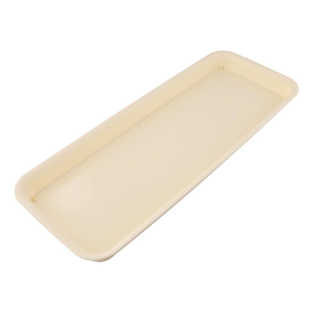 Beige rectangular plastic plant water tray with raised lip and rounded corners