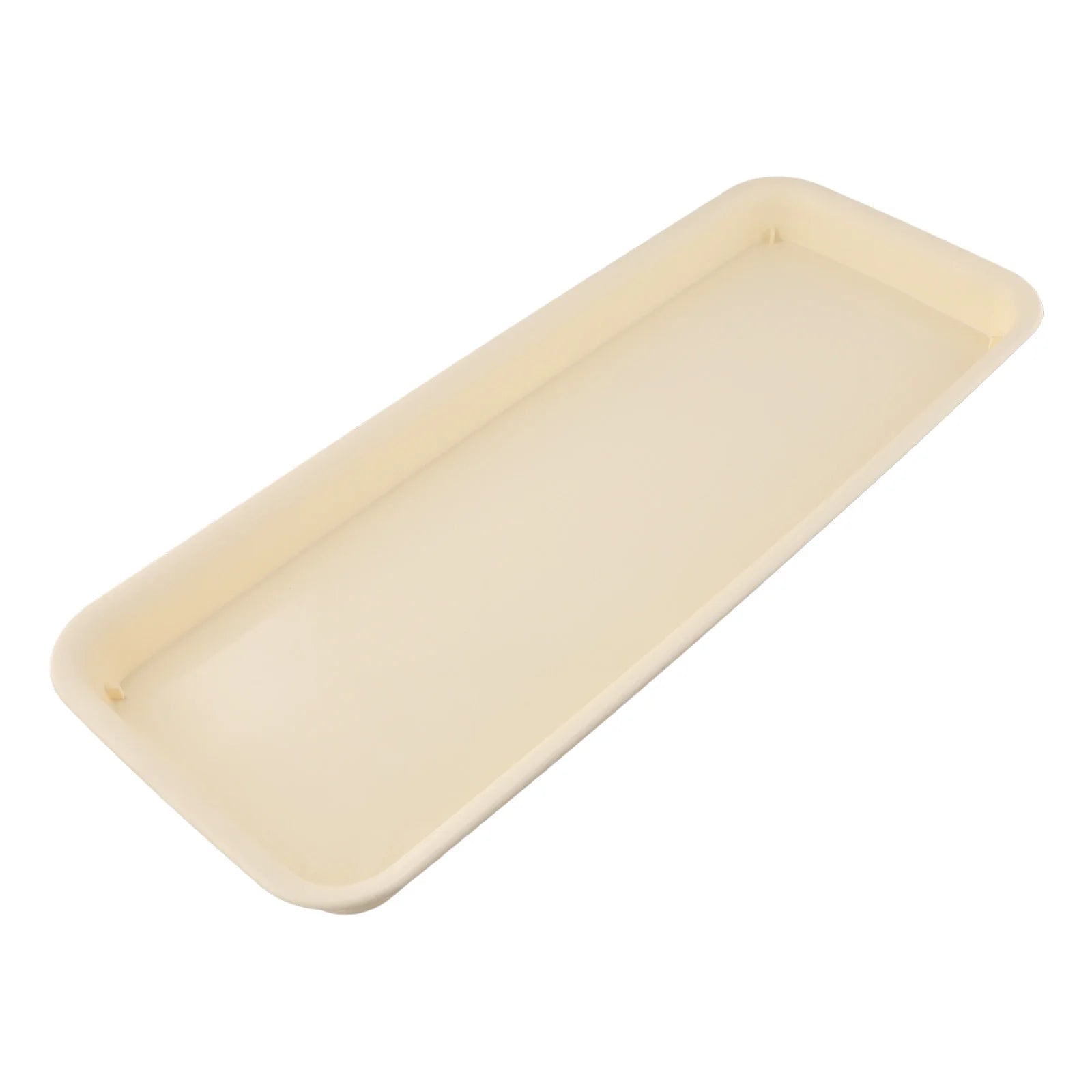 Beige rectangular plastic plant water tray with raised lip and rounded corners