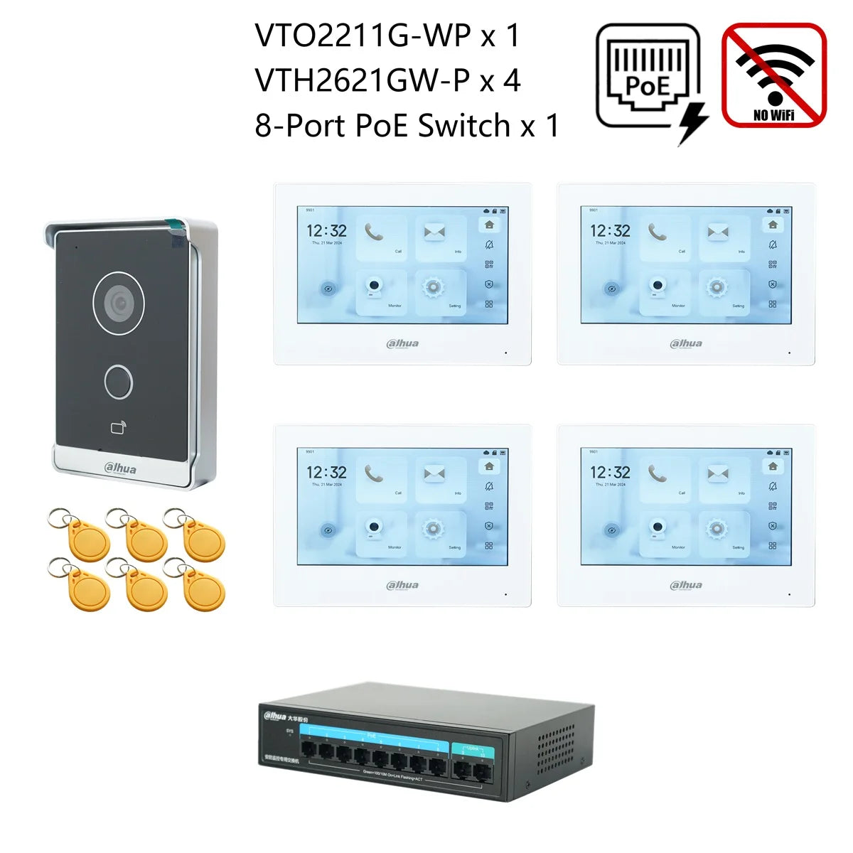 Dahua IP video intercom kit with gray door station, four indoor screens, PoE switch, RFID cards