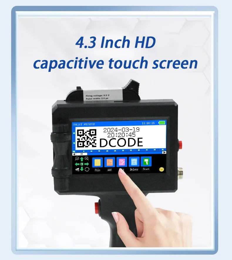 Handheld inkjet printer with capacitive 4.3-inch touchscreen and QR code display