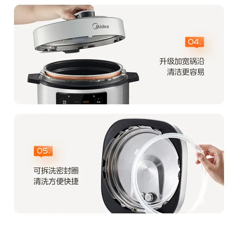 Pressure cooker with open lid ring, showing inner pot for easy cleaning.