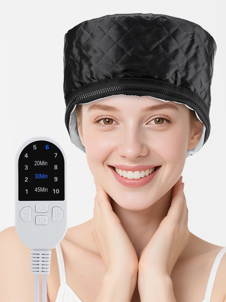Black quilted electric hair steamer cap with 10 heat levels and remote control for deep conditioning spa hair care.