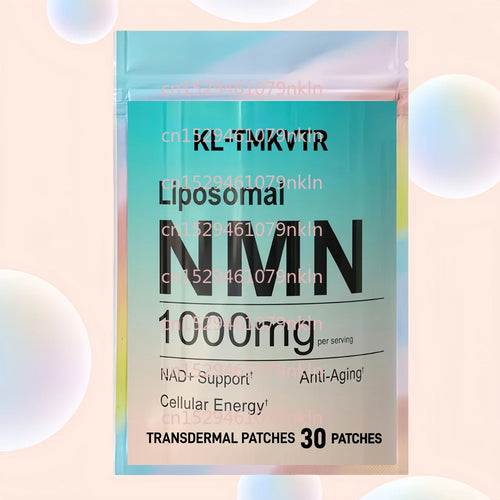 Liposomal NMN 1000mg anti-aging transdermal patch supplement in a gradient teal and white pouch.