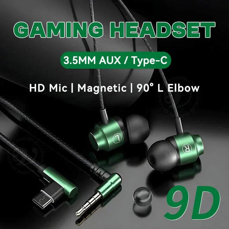 Metal Magnetic Gaming Earbuds 90° L Elbow Digital Type-C/3.5MM AUX 9D Surround HIFI Heavy Bass Music Headset For Samsung Android Tidesmit