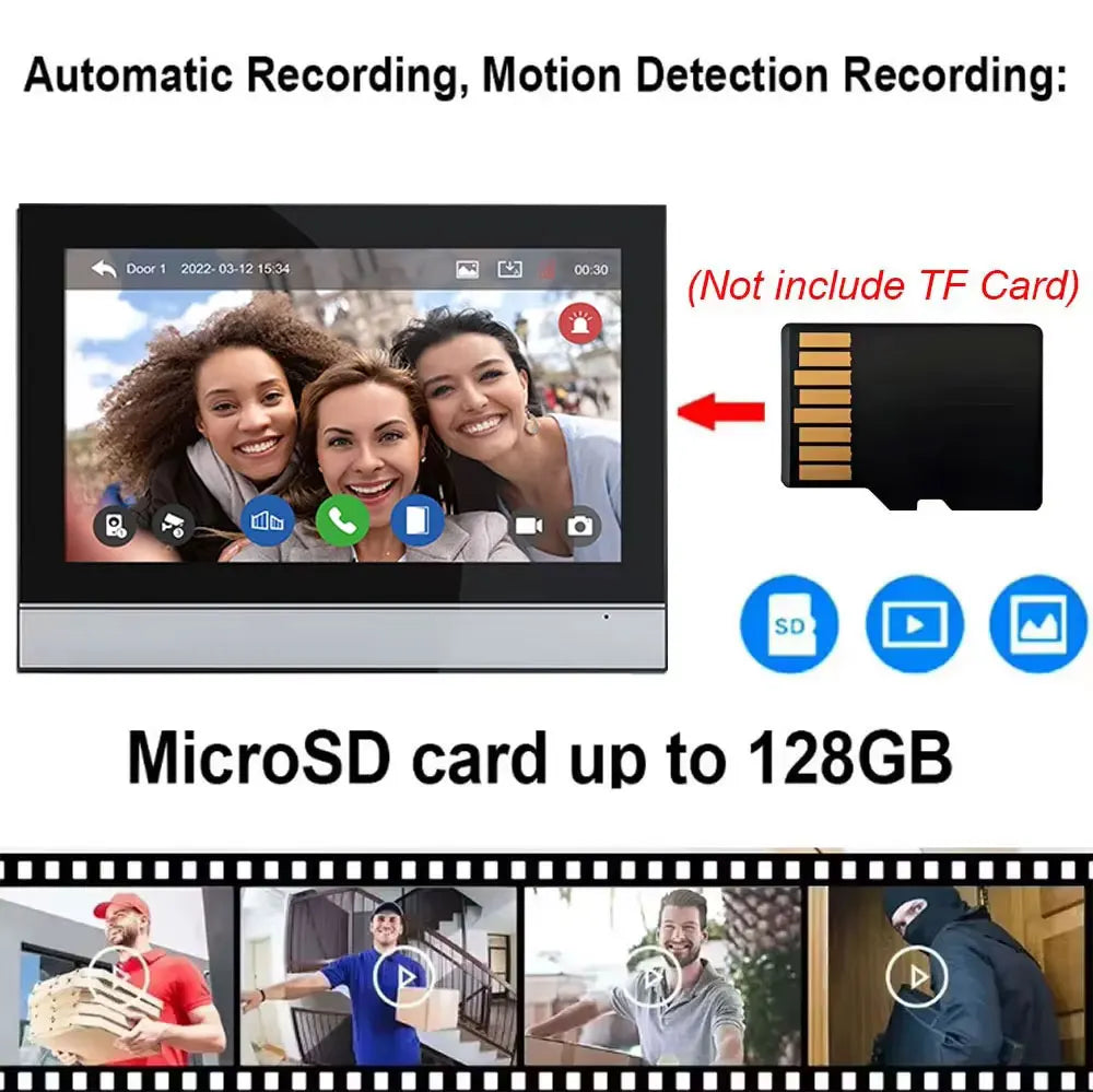 7 inch Touch Screen Video Doorbell Intercom 4 Wired Tuya WiFi Video Doorphone System for 5/6/8 Family Apartment RFID Card Unlock
