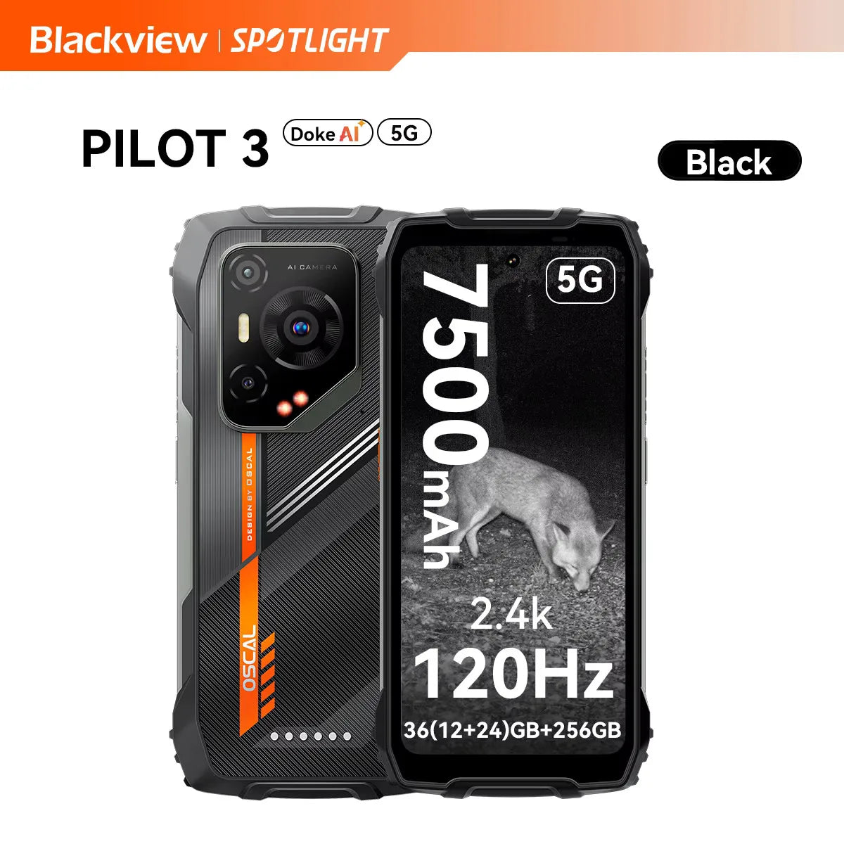 Blackview OSCAL PILOT 3 black 5G rugged smartphone, 6.78" 120Hz display, 7500mAh battery, front and back view.