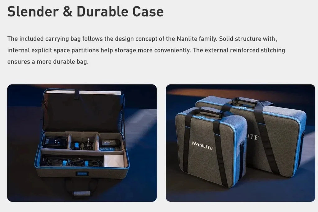 Grey rectangular carrying case with blue accents, reinforced stitching, and internal partitions for organizing