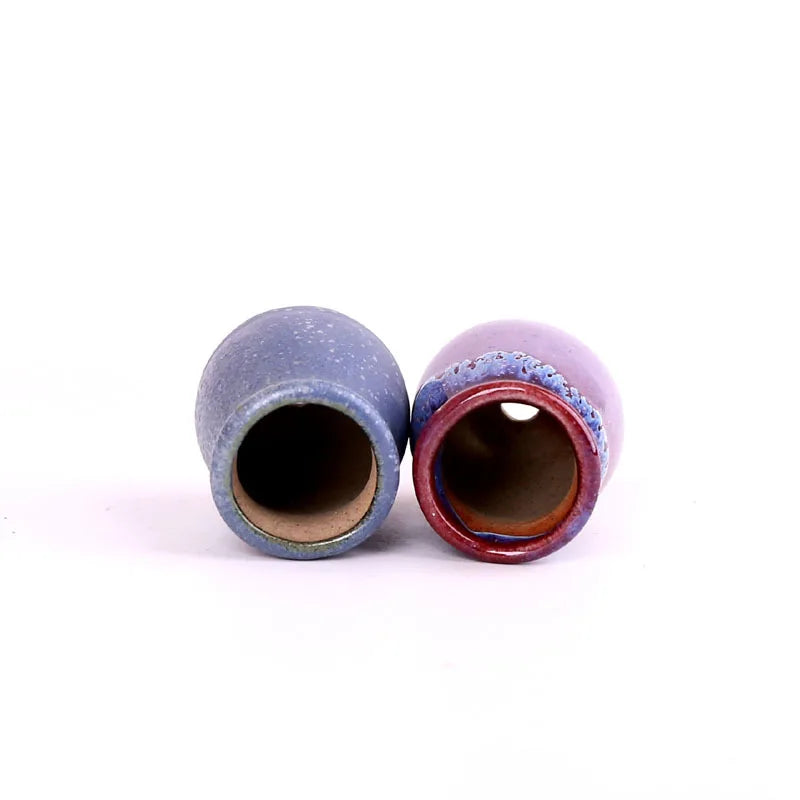 Mini ceramic succulent pots with drainage holes, one purple-blue and one red interior
