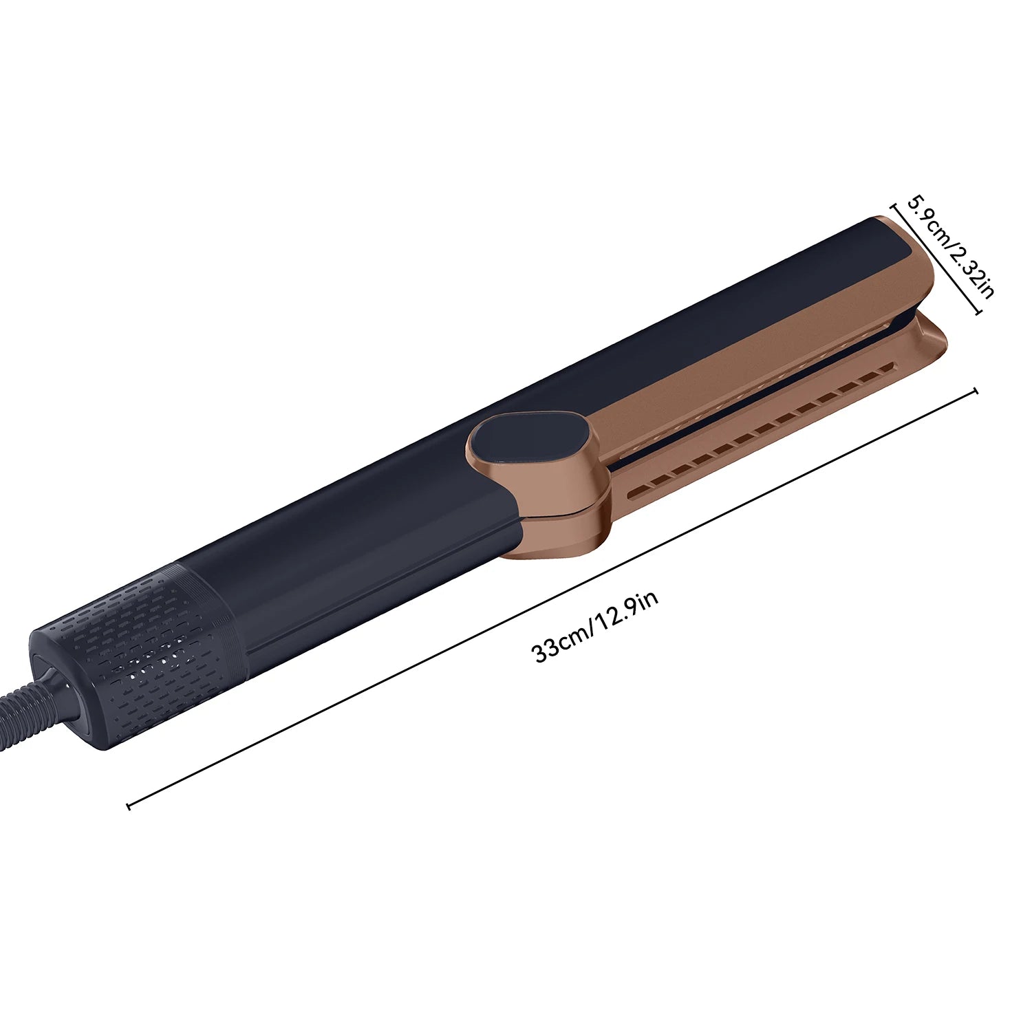 Black and gold 2-in-1 hair straightener and dryer with portable, ergonomic design and dimensions.