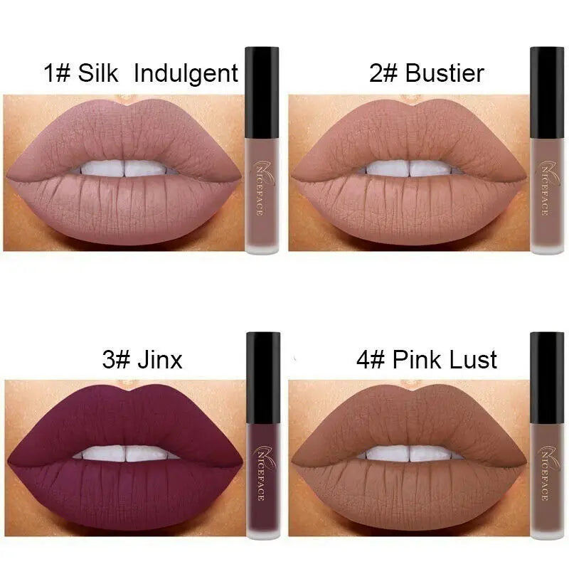 Niceface waterproof matte liquid lipstick set showing four long-lasting nude and dark shades on lips.