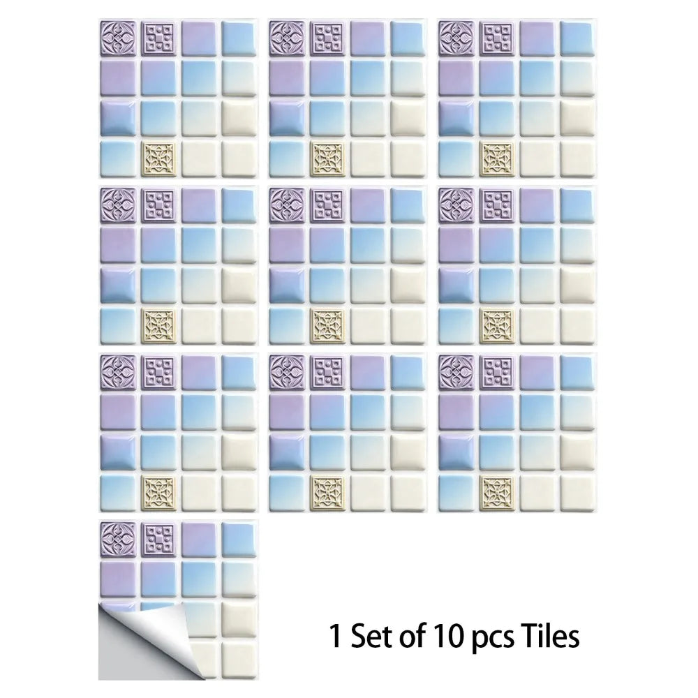 Peel-and-stick tile sticker set with blue and lilac mandala accents, 10 pcs