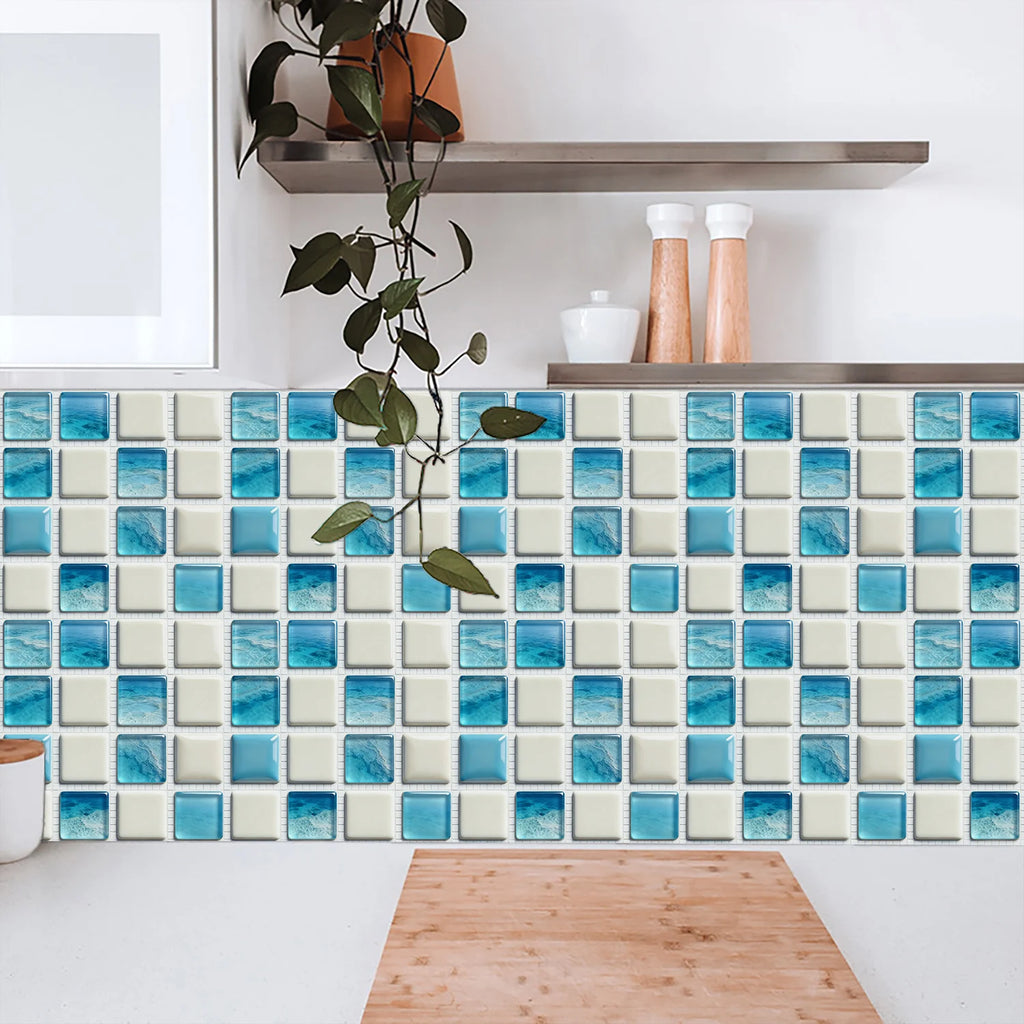 10pcs Flat Mosaic Tiles Sticker Set Kitchen Bathroom Wall Decals Gloss Waterproof Film 2D Surface Cover Transfers for Home Decor