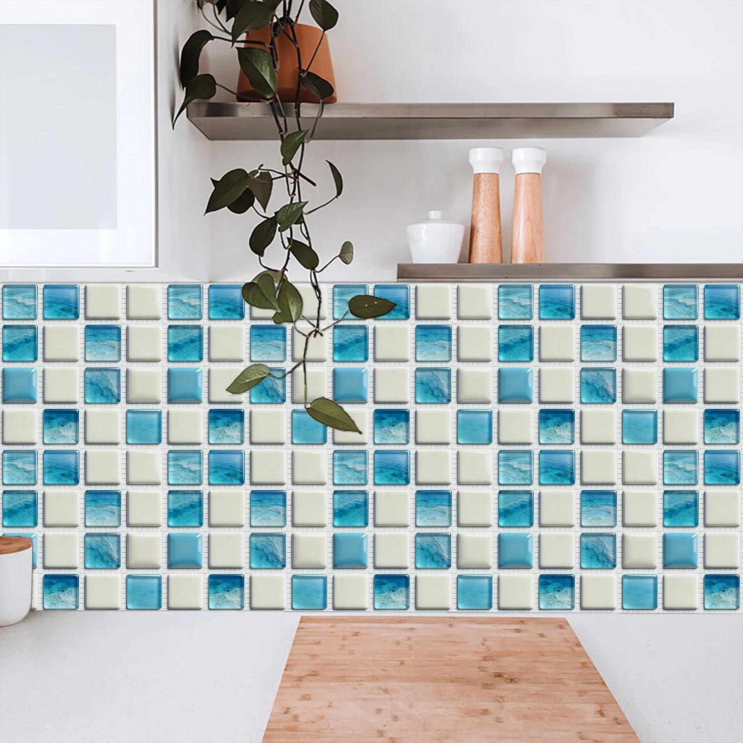 10pcs Flat Mosaic Tiles Sticker Set Kitchen Bathroom Wall Decals Gloss Waterproof Film 2D Surface Cover Transfers for Home Decor