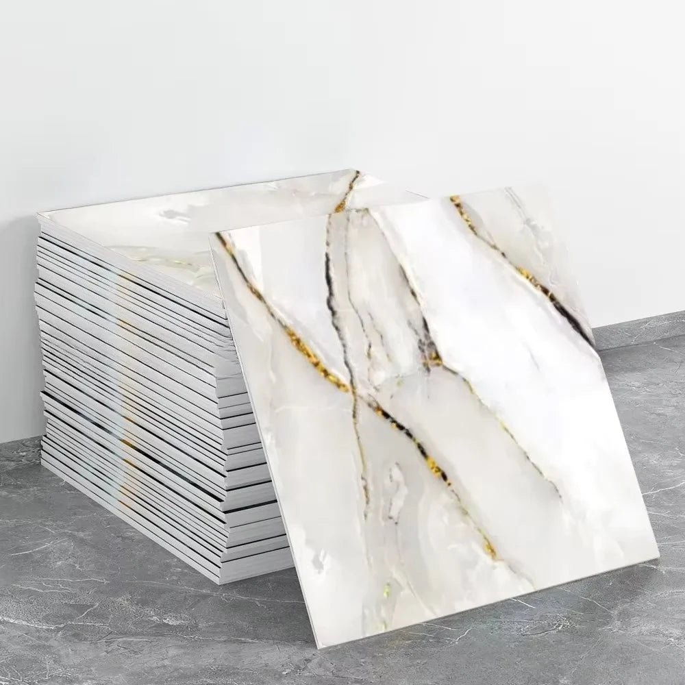 Peel-and-stick marble backsplash panel, white with gray and gold marble veining