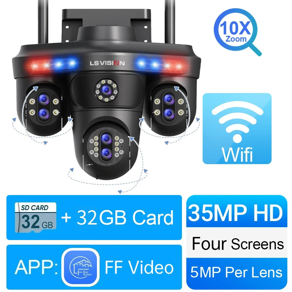 Outdoor black PTZ WiFi surveillance camera, 10x zoom, 3 360 lenses, SD 32GB +32GB