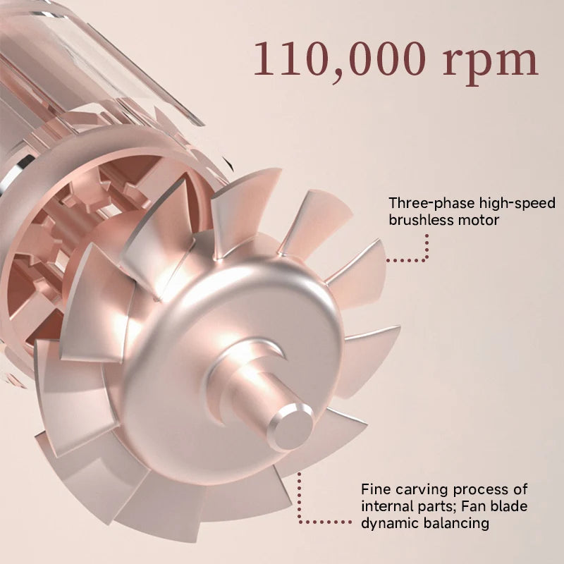 Rose gold DOCO high-speed hair dryer 110,000 RPM brushless motor detail showing precision internal fan blade design.